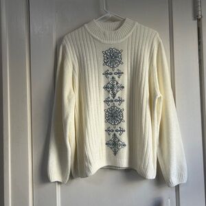 Alfred Dunner Cream Sweater with Blue Embroidery